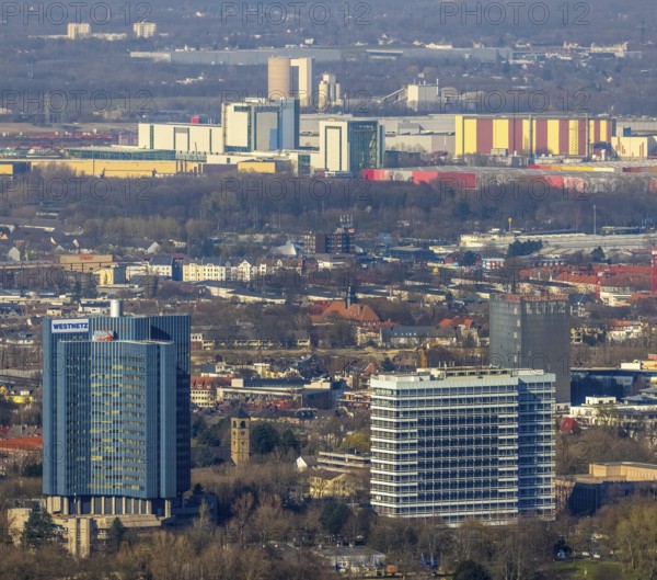 Aerial view, city view, Westnetz building, innogy SE, view to the north, in the background Holcim HüttenZement GmbH and Westfalenhütte thyssenkrupp Steel Europe, Hacheney, Dortmund, Ruhr area, North Rhine-Westphalia, Germany, DE, Europe, commercial enterprises, commercial area, commercial location, industrial area, industrial location, aerial view, aerial photography, aerial photography, overview, bird's-eye view, overview