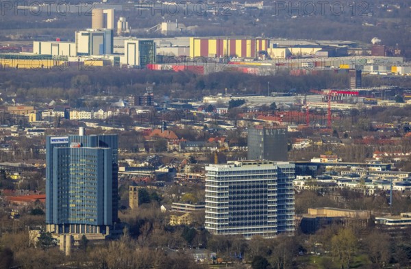 Aerial view, city view, Westnetz building, innogy SE, view to the north, in the background Holcim HüttenZement GmbH and Westfalenhütte thyssenkrupp Steel Europe, Hacheney, Dortmund, Ruhr area, North Rhine-Westphalia, Germany, DE, Europe, commercial enterprises, commercial area, commercial location, industrial area, industrial location, aerial view, aerial photography, aerial photography, overview, bird's-eye view, overview