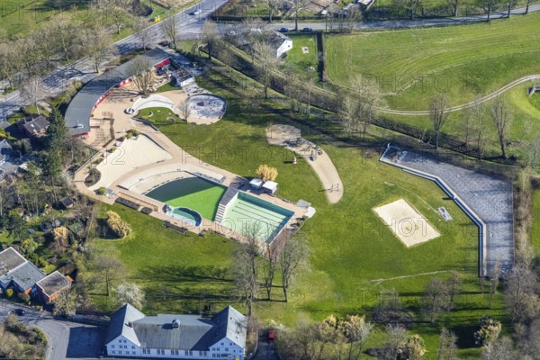Aerial view, Naturfreibad Froschloch, Hombruch, Dortmund, Ruhr area, North Rhine-Westphalia, Germany, bathing resort, Corona crisis, Corona measures, Corona virus, DE, Europe, outdoor pool, leisure activities, aerial view, aerial photography, aerial photography, Löttringhauser Straße, swimming pool, swimming pool, overview, bird's-eye view, overview
