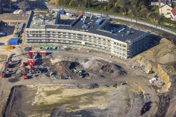 Aerial view, Hombrucher Bogen, construction site for commercial areas and apartment buildings, Hombruch, Dortmund, Ruhr area, North Rhine-Westphalia, Germany, construction work, construction area, construction site, building plots, construction project, construction site, DE, Europe, aerial view, aerial photography, aerial photography, new building, snow, overview, bird's eye view, winter, winter slump, winter landscape, birds-eyes view, former prefabricated concrete plant at Luisenglück, overview