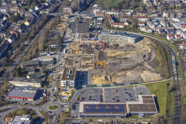 Aerial view, Hombrucher Bogen, construction site for commercial areas and apartment buildings, Hombruch, Dortmund, Ruhr area, North Rhine-Westphalia, Germany, construction work, construction area, construction site, building plots, construction project, construction site, DE, Europe, roundabout, roundabout, aerial view, aerial photography, aerial photography, new building, snow, overview, bird's eye view, winter, winter slump, winter landscape, birds-eyes view, former prefabricated concrete plant at Luisenglück, overview