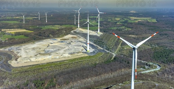 Aerial view, construction site, Halde Lohberg Norderweiterung, wind turbines, Bruckhausen, Hünxe, Ruhr area, North Rhine-Westphalia, Germany, alternative energy, DE, Europe, aerial view, aerial photography, aerial photography, Lower Rhine, Rhine, overview, bird's-eye view, WEA, wind energy, wind turbine, wind power, wind power plant, wind farm, wind turbines, birds-eyes view, overview, renewable energy, wind power plants