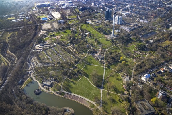 Aerial view, lawn in Westfalenpark, spring weather on Dortmund's lawns, Dortmund, Ruhr area, North Rhine-Westphalia, Germany, DE, Europe, birds-eyes view, aerial view, aerial photography, aerial photography, overview, overview, bird's eye view, spring, summer weather in March, Dortmund's lawns, sunbathing with Corona distance