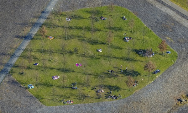 Aerial view, small sunbathing lawn on the slag heap between Westfalenpark, Emscher and viaduct Hympendahlbrücke, north of Phönix-West, spring weather on Dortmund's sunbathing lawns, Friedrichsfeld, Voerde, Ruhr area, North Rhine-Westphalia, Germany, DE, Europe, birds-eyes view, aerial view, aerial photography, aerial photography, overview, bird's eye view, spring, summer weather in March, Dortmund sunbathing lawns, sunbathing with Corona distance