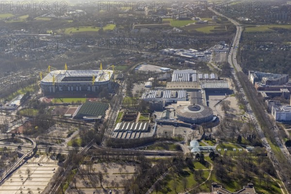 Aerial photo, Bundesliga stadium BVB Borussia Dortmund, Westfalenhallen, Westfalenhalle, Dortmund, Ruhr area, North Rhine-Westphalia, Germany, arena, DE, Europe, football pitch, football stadium, football club, aerial photography, aerial photography, aerial photography, Signal Iduna Park stadium, sports, sports facilities, sports field, sports venue, stadium, stadium Rote Erde, overview, bird's-eye view, bird's-eye view, overview