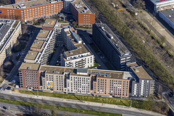 Aerial view, Steigenberger Hotel Dortmund, new building Berswordt-Quartier, multi-family house residential complex, Westfalenhalle, Dortmund, Ruhr area, North Rhine-Westphalia, Germany, DE, Europe, gastronomy, property tax, hotel, hotel facilities, hotel industry, real estate, aerial photography, aerial photography, overview, bird's-eye view, residential complex, living and living, residential buildings, quality of living, residential neighbourhood, birds-eyes view, overview