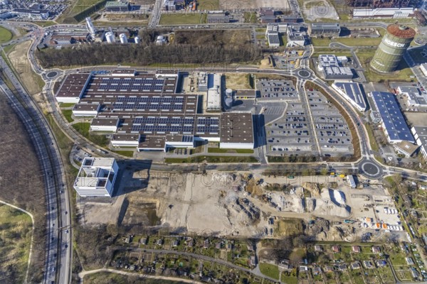 Aerial view, Technology Park Phoenix West, Wilo Park, Wilo Pumpen Campus, Gasometer Phoenix West, Hörde, Dortmund, Ruhr area, North Rhine-Westphalia, Germany, DE, Europe, commercial enterprises, commercial area, commercial park, commercial location, commercial use, industrial area, industrial location, aerial photograph, aerial photography, aerial photography, overview, bird's eye view, birds-eyes view, overview
