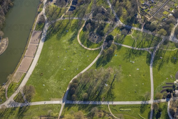 Aerial view, lawn in Westfalenpark, spring weather on Dortmund's lawns, Dortmund, Ruhr area, North Rhine-Westphalia, Germany, DE, Europe, birds-eyes view, aerial view, aerial photography, aerial photography, overview, overview, bird's eye view, spring, summer weather in March, Dortmund's lawns, sunbathing with Corona distance