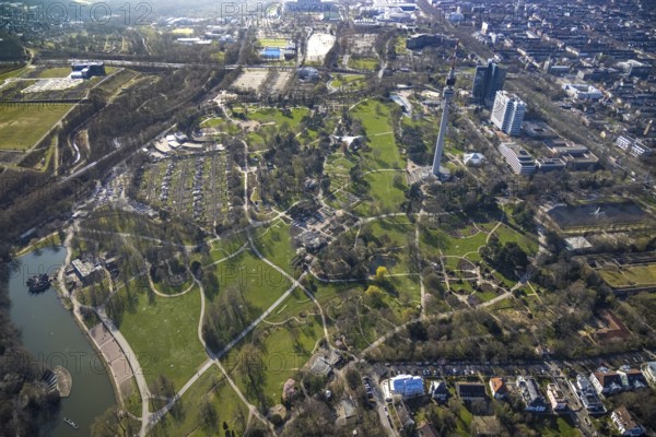 Aerial view, lawn in Westfalenpark, spring weather on Dortmund's lawns, Dortmund, Ruhr area, North Rhine-Westphalia, Germany, DE, Europe, birds-eyes view, aerial view, aerial photography, aerial photography, overview, overview, bird's eye view, spring, summer weather in March, Dortmund's lawns, sunbathing with Corona distance