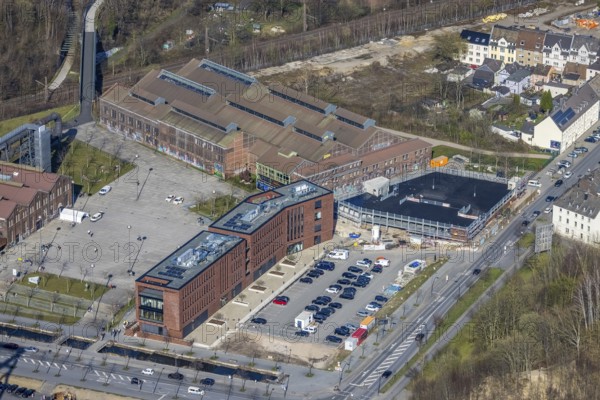 Aerial view, Technology Park Phönix-West, Phönixplatz, Warsteiner Music Hall, Alte Fabrikhalle Schalthaus 101, Hacheney, Dortmund, Ruhr area, North Rhine-Westphalia, Germany, DE, Europe, commercial enterprises, commercial area, commercial park, commercial location, commercial use, industrial area, industrial building, industrial location, aerial view, aerial photography, aerial photography, overview, bird's-eye view, overview