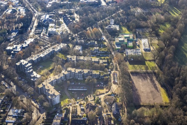 Aerial view of the green school and sports field at the Talaue in the high-rise area Talaue in Dorsten in the Ruhr area in North Rhine-Westphalia, Germany, education, educational institution, DE, Germany, Dorsten, Europe, property tax, high-rise buildings, real estate, educational institute, aerial view, aerial photograph, aerial photography, aerial photography, North Rhine-Westphalia, Ruhr area, school, Talaue, overview, bird's eye view, residential complex, living and living, residential area, residential buildings, residential quality, residential neighbourhood, housing estate, birds-eyes view, overview