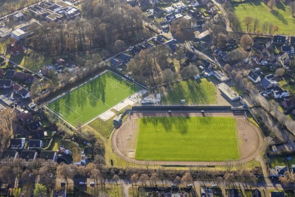 Aerial view of the sports field of SC Blau-Weiß Wulfen in Dorsten in the Ruhr area in North Rhine-Westphalia, Germany, DE, Germany, Dorsten, Europe, football field, football stadium, football club, aerial view, aerial photography, aerial photography, aerial photography, North Rhine-Westphalia, Ruhr area, sport, sports facilities, sports field, sports facility, stadium, overview, bird's-eye view, bird's-eye view, overview