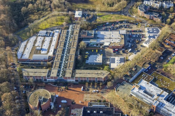 Aerial view of the shopping centre Wulfener Markt in Dorsten in the Ruhr area in North Rhine-Westphalia, Germany, DE, Germany, Dorsten, shopping, shopping centre, shopping markets, shopping place, shopping centre, Europe, aerial view, aerial photograph, aerial photography, aerial photography, local supply centre, North Rhine-Westphalia, police station Wulfen, Ruhr area, shopping, shopping centre, overview, bird's eye view, Wulfener Markt, birds-eyes view, overview