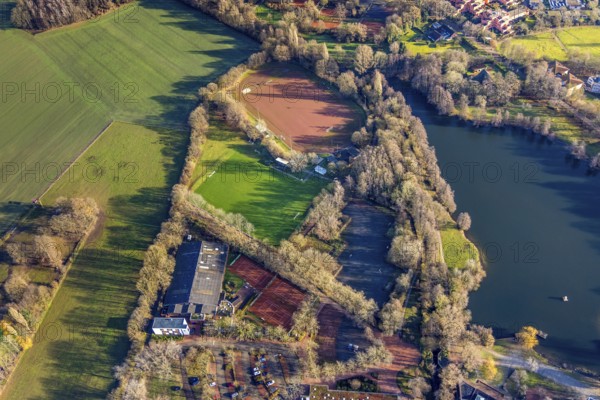 Aerial view of Barkenbergsee with sports field of SuS Grün Weiß Barkenberg and Tennis Park Wulfen in Dorsten in the Ruhr area in North Rhine-Westphalia, Germany, DE, Germany, Dorsten, Europe, football field, football stadium, football club, aerial view, aerial photography, aerial photography, Midlicher Kamp, North Rhine-Westphalia, Ruhr area, lake, sport, sports facilities, sports field, sports facility, stadium, tennis, tennis facility, tennis courts, overview, bird's eye view, birds-eyes view, overview