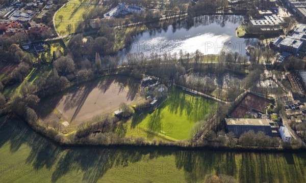 Aerial view of Barkenbergsee with sports field of SuS Grün Weiß Barkenberg and Tennis Park Wulfen in Dorsten in the Ruhr area in North Rhine-Westphalia, Germany, DE, Germany, Dorsten, Europe, football field, football stadium, football club, aerial view, aerial photography, aerial photography, Midlicher Kamp, North Rhine-Westphalia, Ruhr area, lake, sport, sports facilities, sports field, sports facility, stadium, tennis, tennis facility, tennis courts, overview, bird's eye view, birds-eyes view, overview