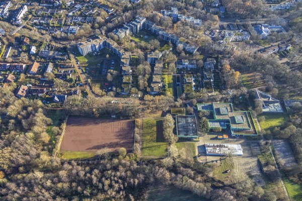 Aerial view of the green school and sports field at the Talaue in the high-rise area Talaue in Dorsten in the Ruhr area in North Rhine-Westphalia, Germany, education, educational institution, DE, Germany, Dorsten, Europe, property tax, high-rise buildings, real estate, educational institute, aerial view, aerial photograph, aerial photography, aerial photography, North Rhine-Westphalia, Ruhr area, school, Talaue, overview, bird's eye view, residential complex, living and living, residential area, residential buildings, residential quality, residential neighbourhood, housing estate, birds-eyes view, overview