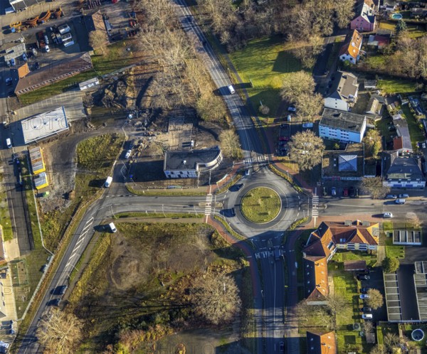 Aerial view of the new roundabout at Halterner Straße / Freiligrathstraße and construction site of the new netTrek company building in Dorsten in the Ruhr area in North Rhine-Westphalia, Germany, construction work, construction, construction area, building site, building plots, construction project, construction site, DE, Germany, Dorsten, Europe, roundabout, roundabout, aerial view, aerial photograph, aerial photography, aerial photography, new building, North Rhine-Westphalia, Ruhr area, overview, bird's-eye view, overview