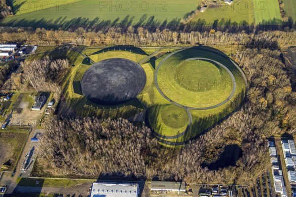 Aerial view of the landscaping work in the CreativQuartier Fürst Leopold on the former site of the Fürst Leopold colliery in Halterner Straße in Dorsten in the Ruhr area in North Rhine-Westphalia, Germany. A mesa with a circular staircase and an amphitheatre characterise the new leisure and event area, DE, Germany, Dorsten, Europe, aerial view, aerial photography, aerial photography, aerial photography, North Rhine-Westphalia, Ruhr area, overview, bird's-eye view, colliery, birds-eyes view, former colliery, overview