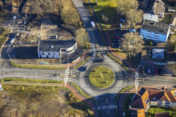 Aerial view of the new roundabout at Halterner Straße / Freiligrathstraße and construction site of the new netTrek company building in Dorsten in the Ruhr area in North Rhine-Westphalia, Germany, construction work, construction, construction area, building site, building plots, construction project, construction site, DE, Germany, Dorsten, Europe, roundabout, roundabout, aerial view, aerial photograph, aerial photography, aerial photography, new building, North Rhine-Westphalia, Ruhr area, overview, bird's-eye view, overview