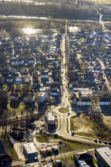 Aerial view of the new roundabout at Halterner Straße / Freiligrathstraße and construction site of the new netTrek company building in Dorsten in the Ruhr area in North Rhine-Westphalia, Germany, construction work, construction, construction area, building site, building plots, construction project, construction site, DE, Germany, Dorsten, Europe, roundabout, roundabout, aerial view, aerial photograph, aerial photography, aerial photography, new building, North Rhine-Westphalia, Ruhr area, overview, bird's-eye view, overview