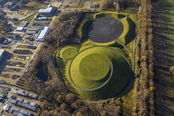 Aerial view of the landscaping work in the CreativQuartier Fürst Leopold on the former site of the Fürst Leopold colliery in Halterner Straße in Dorsten in the Ruhr area in North Rhine-Westphalia, Germany. A mesa with a circular staircase and an amphitheatre characterise the new leisure and event area, DE, Germany, Dorsten, Europe, aerial view, aerial photography, aerial photography, aerial photography, North Rhine-Westphalia, Ruhr area, overview, bird's-eye view, colliery, birds-eyes view, former colliery, overview