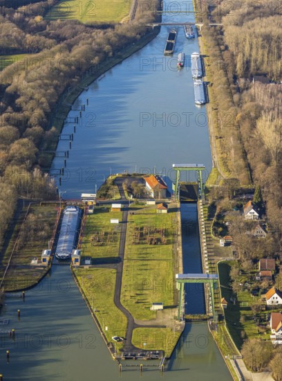 Aerial view large lock Dorsten on the Wesel-Datteln Canal near Dorsten in the Ruhr area in North Rhine-Westphalia, Germany, DE, Germany, Dorsten, Europe, aerial view, aerial photography, aerial photography, aerial photography, North Rhine-Westphalia, Ruhr area, lock, overview, bird's eye view, Wesel-Datteln Canal, birds-eyes view, overview