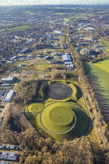 Aerial view of the landscaping work in the CreativQuartier Fürst Leopold on the former site of the Fürst Leopold colliery in Halterner Straße in Dorsten in the Ruhr area in North Rhine-Westphalia, Germany. A mesa with a circular staircase and an amphitheatre characterise the new leisure and event area, DE, Germany, Dorsten, Europe, aerial view, aerial photography, aerial photography, aerial photography, North Rhine-Westphalia, Ruhr area, overview, bird's-eye view, colliery, birds-eyes view, former colliery, overview