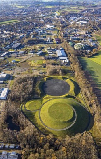 Aerial view of the landscaping work in the CreativQuartier Fürst Leopold on the former site of the Fürst Leopold colliery in Halterner Straße in Dorsten in the Ruhr area in North Rhine-Westphalia, Germany. A mesa with a circular staircase and an amphitheatre characterise the new leisure and event area, DE, Germany, Dorsten, Europe, aerial view, aerial photography, aerial photography, aerial photography, North Rhine-Westphalia, Ruhr area, overview, bird's-eye view, colliery, birds-eyes view, former colliery, overview