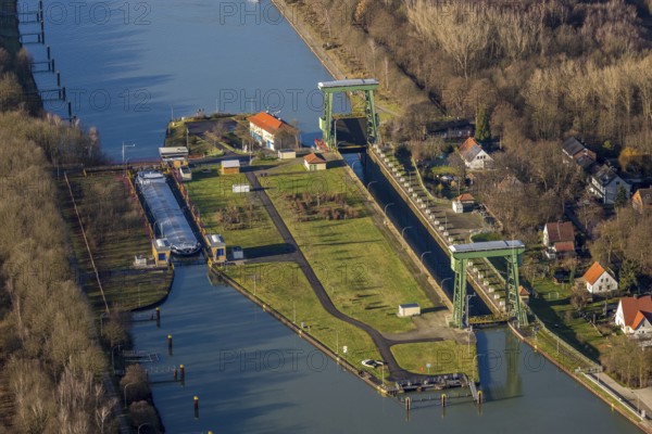Aerial view large lock Dorsten on the Wesel-Datteln Canal near Dorsten in the Ruhr area in North Rhine-Westphalia, Germany, DE, Germany, Dorsten, Europe, aerial view, aerial photography, aerial photography, aerial photography, North Rhine-Westphalia, Ruhr area, lock, overview, bird's eye view, Wesel-Datteln Canal, birds-eyes view, overview