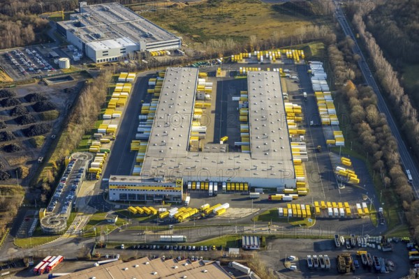 Aerial view of the industrial park Dorsten-Marl with the DHL freight centre in the Lünsingskuhle in Dorsten in the Ruhr area in North Rhine-Westphalia, Germany, DE, Germany, Dorsten, Europe, commercial enterprises, commercial area, commercial park, commercial location, commercial use, freight traffic, industrial area, industrial building, industrial location, logistics, logistics service, logistics service provider, logistics provider, logistics centre, aerial view, aerial photograph, aerial photography, aerial photography, North Rhine-Westphalia, Ruhr area, freight forwarding, transport, transport service, overview, bird's-eye view, overview