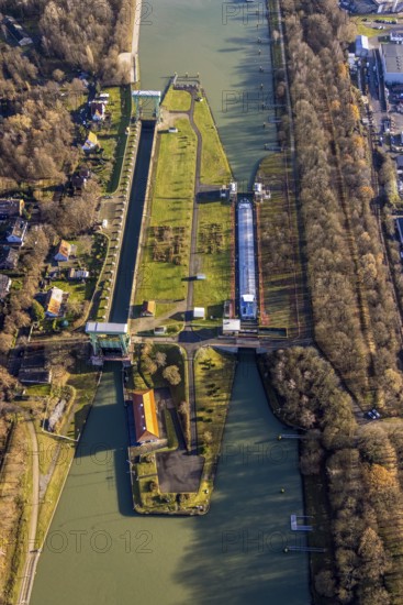 Aerial view large lock Dorsten on the Wesel-Datteln Canal near Dorsten in the Ruhr area in North Rhine-Westphalia, Germany, DE, Germany, Dorsten, Europe, aerial view, aerial photography, aerial photography, aerial photography, North Rhine-Westphalia, Ruhr area, lock, overview, bird's eye view, Wesel-Datteln Canal, birds-eyes view, overview