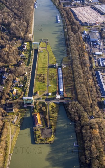Aerial view large lock Dorsten on the Wesel-Datteln Canal near Dorsten in the Ruhr area in North Rhine-Westphalia, Germany, DE, Germany, Dorsten, Europe, aerial view, aerial photography, aerial photography, aerial photography, North Rhine-Westphalia, Ruhr area, lock, overview, bird's eye view, Wesel-Datteln Canal, birds-eyes view, overview
