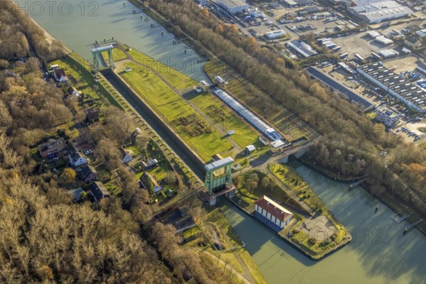 Aerial view large lock Dorsten on the Wesel-Datteln Canal near Dorsten in the Ruhr area in North Rhine-Westphalia, Germany, DE, Germany, Dorsten, Europe, aerial view, aerial photography, aerial photography, aerial photography, North Rhine-Westphalia, Ruhr area, lock, overview, bird's eye view, Wesel-Datteln Canal, birds-eyes view, overview