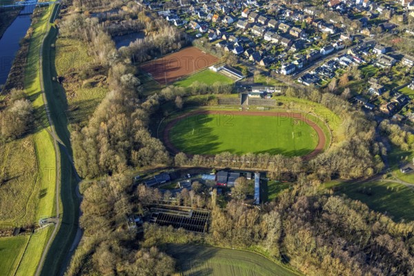 Aerial view of the sports field SuS Hervest-Dorsten 1919 in the Ellerbruchstraße in Dorsten in the Ruhr area in North Rhine-Westphalia, Germany, DE, Germany, Dorsten, Europe, football field, football stadium, football club, aerial view, aerial photography, aerial photography, aerial photography, North Rhine-Westphalia, Ruhr area, sports, sports facilities, sports field, sports facility, stadium, overview, bird's-eye view, overview