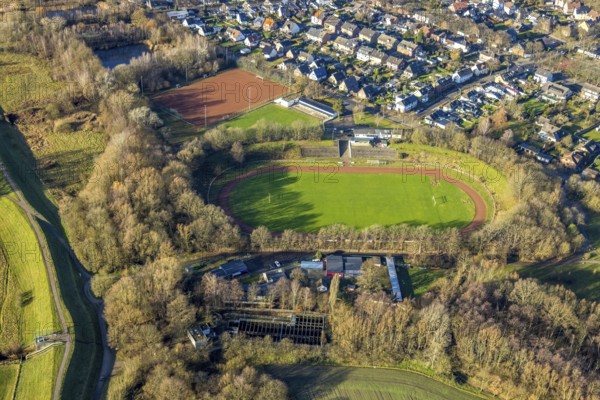 Aerial view of the sports field SuS Hervest-Dorsten 1919 in the Ellerbruchstraße in Dorsten in the Ruhr area in North Rhine-Westphalia, Germany, DE, Germany, Dorsten, Europe, football field, football stadium, football club, aerial view, aerial photography, aerial photography, aerial photography, North Rhine-Westphalia, Ruhr area, sports, sports facilities, sports field, sports facility, stadium, overview, bird's-eye view, overview
