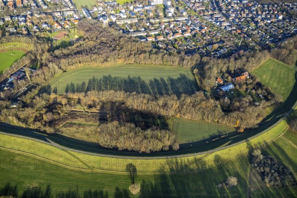 Aerial view of a meadow and woodland Altes Pastorat in the Vennstraße in Dorsten in the Ruhr area in North Rhine-Westphalia, Germany, DE, Germany, Dorsten, Europe, aerial view, aerial photograph, aerial photography, aerial photography, North Rhine-Westphalia, Ruhr area, shadow cast, overview, bird's eye view, woodland, meadows and fields, birds-eyes view, overview