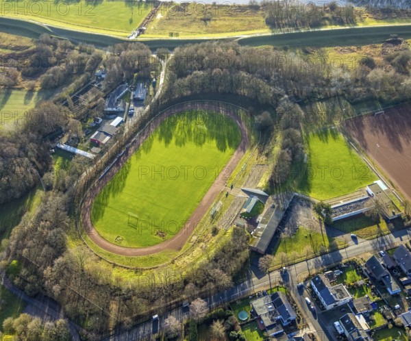 Aerial view of the sports field SuS Hervest-Dorsten 1919 in the Ellerbruchstraße in Dorsten in the Ruhr area in North Rhine-Westphalia, Germany, DE, Germany, Dorsten, Europe, football field, football stadium, football club, aerial view, aerial photography, aerial photography, aerial photography, North Rhine-Westphalia, Ruhr area, sports, sports facilities, sports field, sports facility, stadium, overview, bird's-eye view, overview