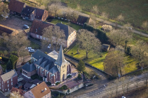 Aerial view of St Paul's Catholic Church in Dorfstraße in Dorsten in the Ruhr area in North Rhine-Westphalia, Germany, place of worship, DE, Germany, Dorsten, Europe, religious community, place of worship, holy place, church, parish, denomination, aerial view, aerial photography, aerial photography, North Rhine-Westphalia, religion, religious site, Ruhr area, overview, bird's-eye view, overview