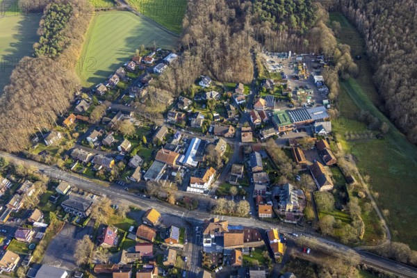 Aerial view of St Paul's Catholic Church in Dorfstraße in Dorsten in the Ruhr area in North Rhine-Westphalia, Germany, place of worship, DE, Germany, Dorsten, Europe, religious community, place of worship, property tax, holy site, real estate, church, parish, denomination, aerial view, aerial photograph, aerial photography, aerial photography, North Rhine-Westphalia, religion, religious site, Ruhr area, overview, bird's-eye view, residential area, living and life, residential area, residential buildings, quality of life, residential neighbourhood, housing estate, birds-eyes view, overview