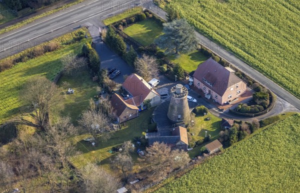 Aerial view of the flower bindery Mühlenhus an der WindMühle in Dorsten in the Ruhr area in North Rhine-Westphalia, Germany, DE, Germany, Dorsten, Europe, aerial view, aerial photograph, aerial photography, aerial photography, mill, North Rhine-Westphalia, Ruhr area, overview, bird's-eye view, windmill, birds-eyes view, overview