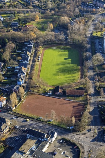 Aerial view of the Jahnplatz of FC Rot-Weiß Dorsten 1919 in Dorsten in the Ruhr area in North Rhine-Westphalia, Germany, Am Jahnplatz, cinder pitch, DE, Germany, Dorsten, Europe, football pitch, football stadium, football club, aerial view, aerial photograph, aerial photography, aerial photography, North Rhine-Westphalia, grass pitch, Ruhr area, sports, sports facilities, sports field, sports facility, stadium, overview, bird's-eye view, overview