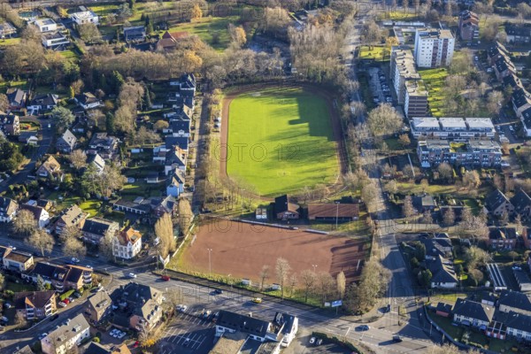 Aerial view of the Jahnplatz of FC Rot-Weiß Dorsten 1919 in Dorsten in the Ruhr area in North Rhine-Westphalia, Germany, Am Jahnplatz, cinder pitch, DE, Germany, Dorsten, Europe, football pitch, football stadium, football club, aerial view, aerial photograph, aerial photography, aerial photography, North Rhine-Westphalia, grass pitch, Ruhr area, sports, sports facilities, sports field, sports facility, stadium, overview, bird's-eye view, overview