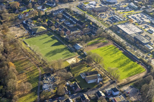 Aerial view of the sports field of SV Dorsten-Hardt in the Storchsbaumstraße in Dorsten in the Ruhr area in North Rhine-Westphalia, Germany, DE, Germany, Dorsten, Europe, football field, football stadium, football club, aerial view, aerial photography, aerial photography, aerial photography, North Rhine-Westphalia, Ruhr area, sport, sports facilities, sports field, sports facility, stadium, overview, bird's-eye view, overview