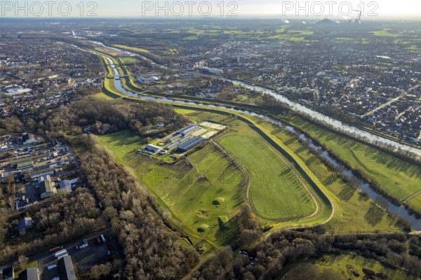 Aerial view of the equestrian centre Gut Hohenkamp with river Lippe and Weser-Datteln-Canal in Dorsten in the Ruhr area in North Rhine-Westphalia, Germany, DE, Germany, Dorsten, Europe, aerial view, aerial photography, aerial photography, North Rhine-Westphalia, horses, equestrian sports, equestrian centre, equestrian centre, equestrian club, riding stable, Ruhr area, overview, bird's eye view, Weser-Datteln-Canal, birds-eyes view, overview