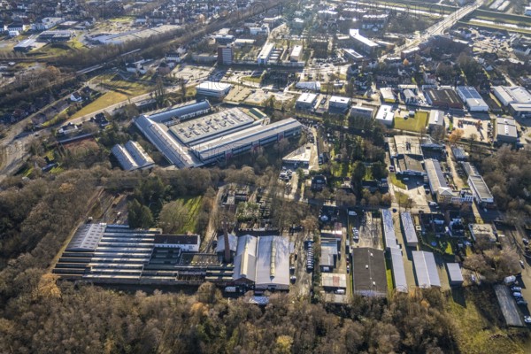Aerial view commercial area in Marienstraße in Dorsten in the Ruhr area in North Rhine-Westphalia, Germany, DE, Germany, Dorsten, Europe, commercial enterprises, commercial area, commercial park, commercial location, commercial use, industrial area, industrial building, industrial location, aerial view, aerial photograph, aerial photography, aerial photography, aerial photography, North Rhine-Westphalia, Ruhr area, overview, bird's eye view, birds-eyes view, overview