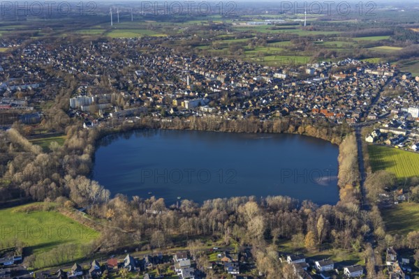 Aerial view of Blauer See used as a water reservoir by RWW Rheinisch-Westfälische Wasserwerksgesellschaft mbH in Dorsten in the Ruhr area in North Rhine-Westphalia, Germany, DE, Germany, Dorsten, Europe, aerial view, aerial photograph, aerial photography, aerial photography, North Rhine-Westphalia, Ruhr area, lake, overview, bird's-eye view, overview
