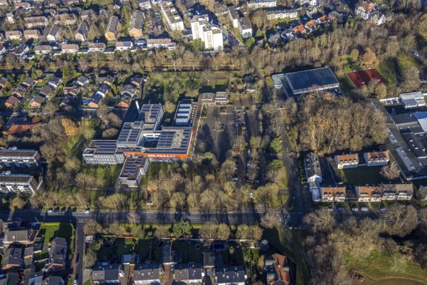 Aerial view of Neue Schule and Erich-Klausener Realschule in Juliusstraße in Dorsten in the Ruhr area in North Rhine-Westphalia, Germany, education, educational institution, DE, Germany, Dorsten, Europe, educational institute, aerial view, aerial photograph, aerial photography, aerial photography, North Rhine-Westphalia, Realschule, Ruhr area, school, overview, bird's-eye view, overview