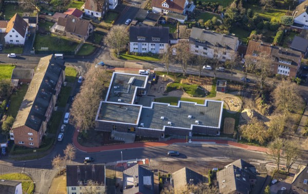 Aerial view of the new construction of the day care centre on Antoniusplatz in the Holsterhausen district of Dorsten in the Ruhr area in North Rhine-Westphalia, Germany, DE, Germany, Dorsten, Europe, kindergarten, day care centre, day care facility, day care centre, aerial photograph, aerial photography, aerial photography, new construction, North Rhine-Westphalia, Ruhr area, overview, bird's-eye view, overview