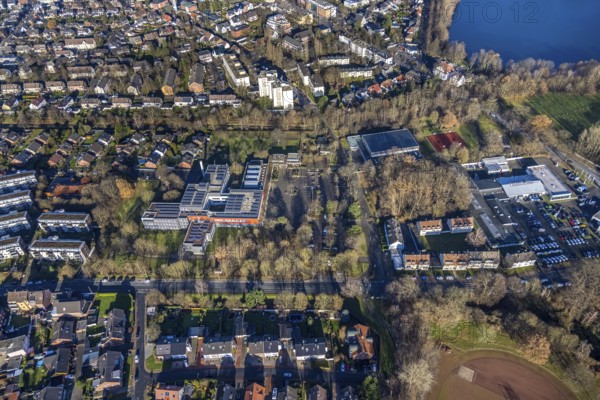 Aerial view of Neue Schule and Erich-Klausener Realschule in Juliusstraße in Dorsten in the Ruhr area in North Rhine-Westphalia, Germany, education, educational institution, DE, Germany, Dorsten, Europe, educational institute, aerial view, aerial photograph, aerial photography, aerial photography, North Rhine-Westphalia, Realschule, Ruhr area, school, overview, bird's-eye view, overview