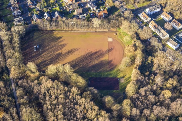 Aerial view of the sports field of the school centre Pliesterbecker Straße in Dorsten in the Ruhr area in North Rhine-Westphalia, Germany, DE, Germany, Dorsten, Europe, football field, aerial view, aerial photography, aerial photograph, aerial photography, North Rhine-Westphalia, Ruhr area, sports, sports facilities, sports field, sports facility, overview, bird's-eye view, overview